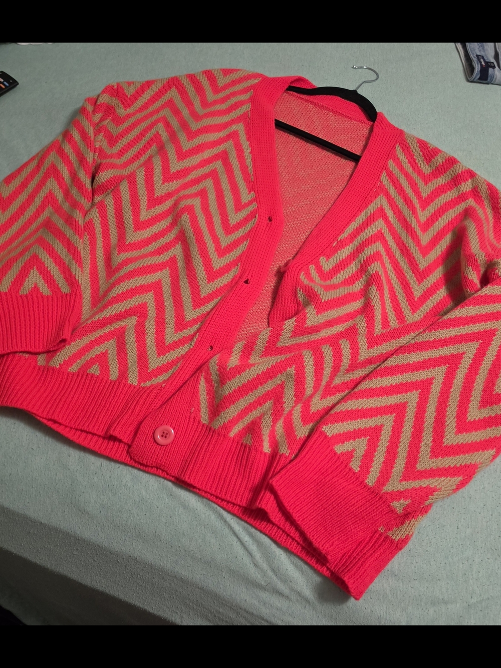 SHEIN Neon Pink and Cream Chevron V-Neck Button Cardigan
